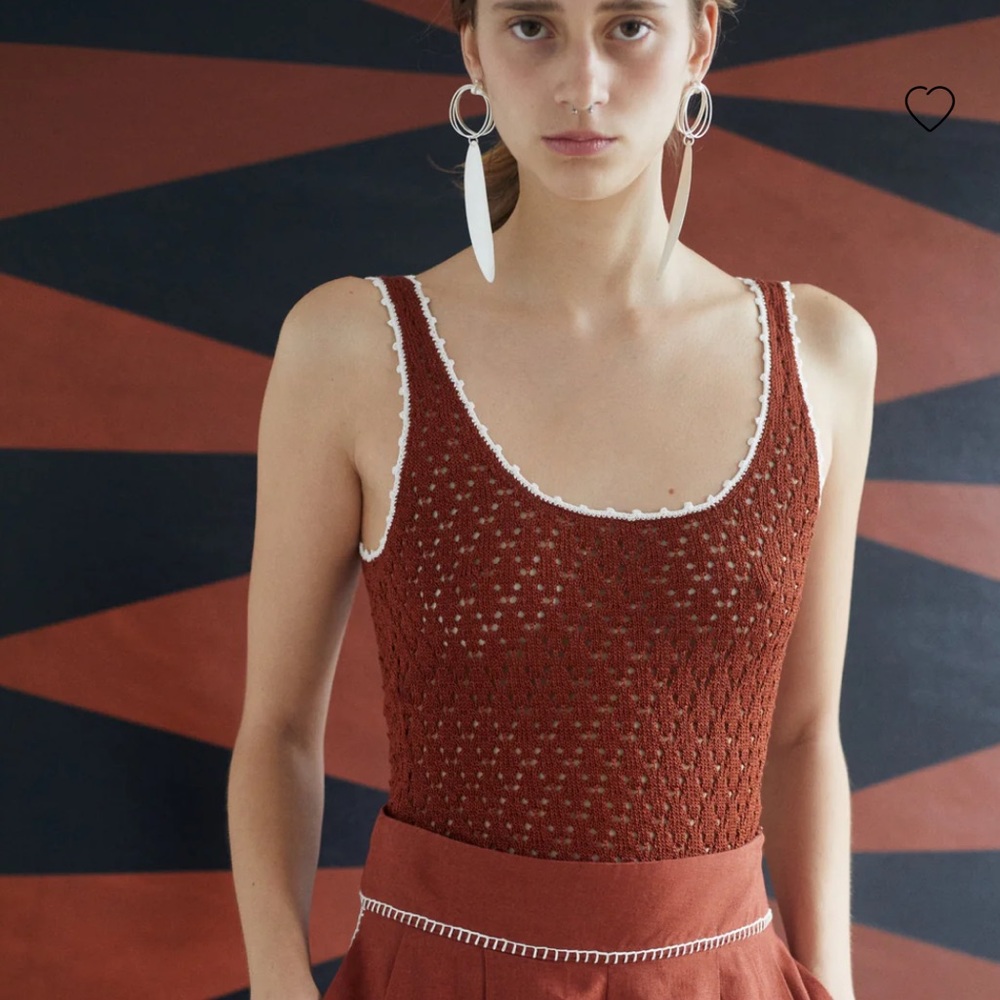 Rust Crochet Knit Tank Top with Contrast Trim